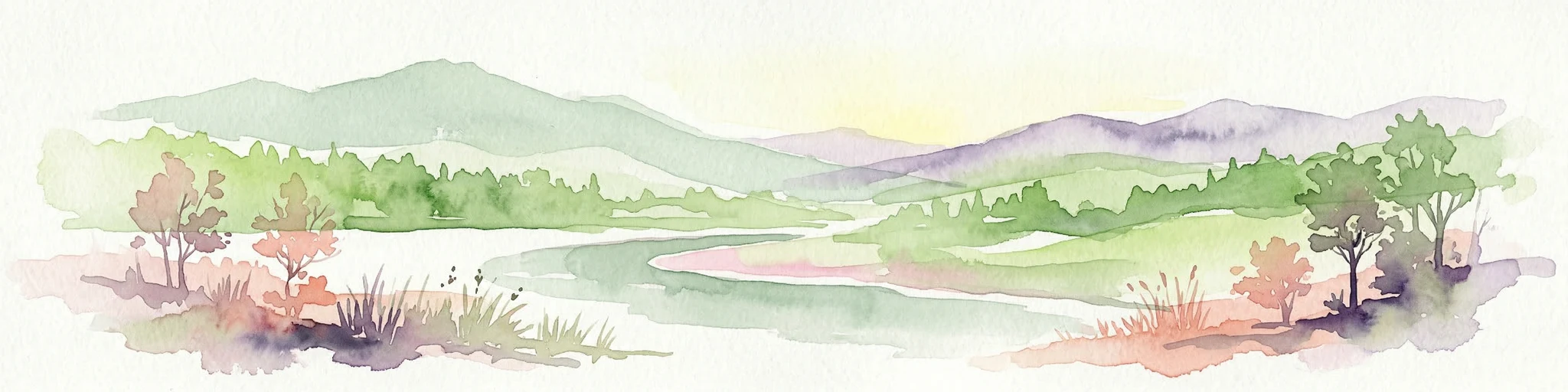 Ilustración en acuarela de un paisaje con montañas, un río, árboles y campos de hierba