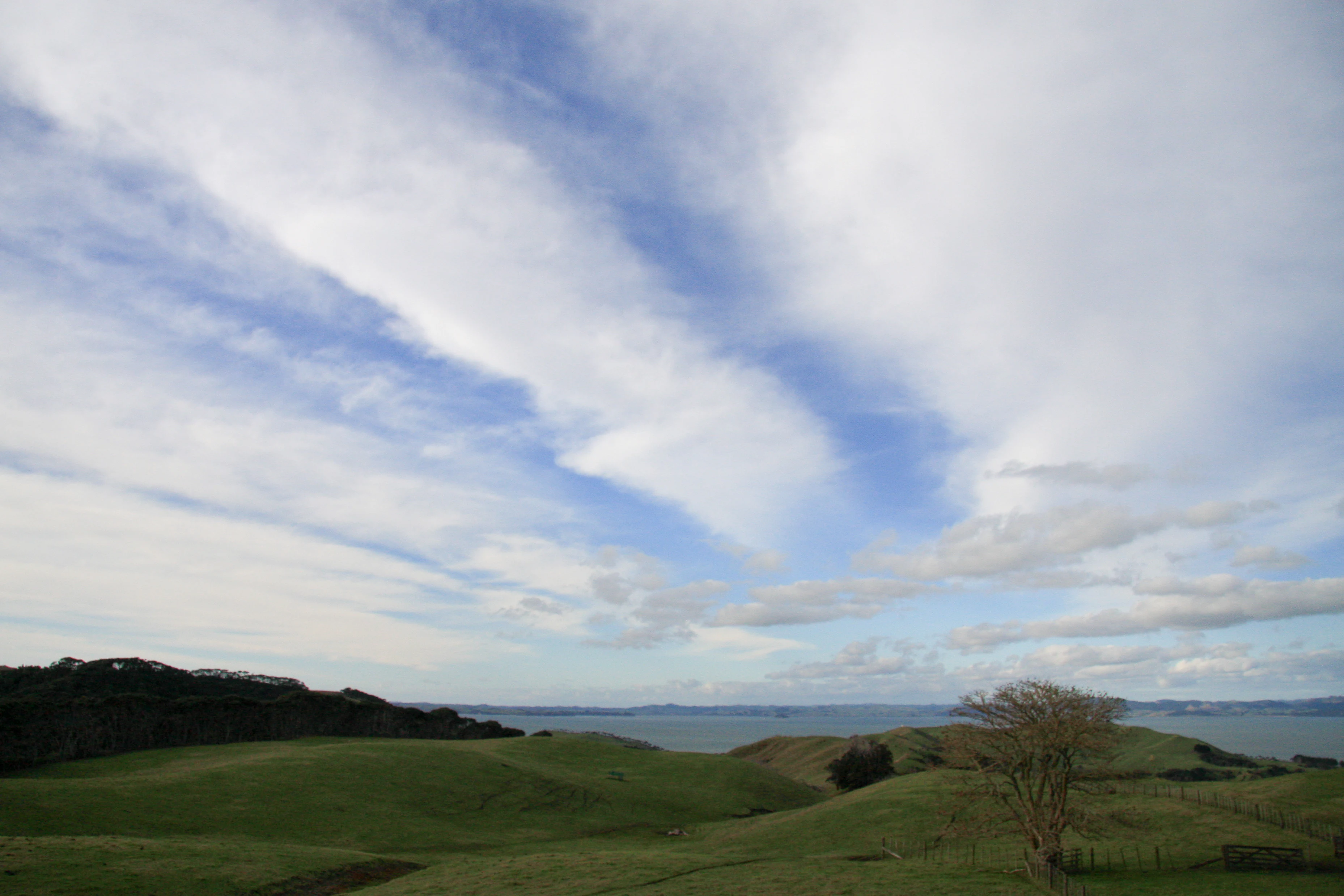 A wide, eye-level landscape view of grassy, rolling hills leading down to a body of water under a bright sky with wispy clouds.