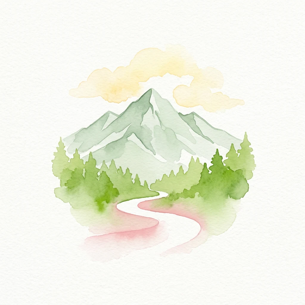 Ilustración en acuarela de una montaña con picos nevados, bosque verde, un sendero sinuoso y nubes amarillas