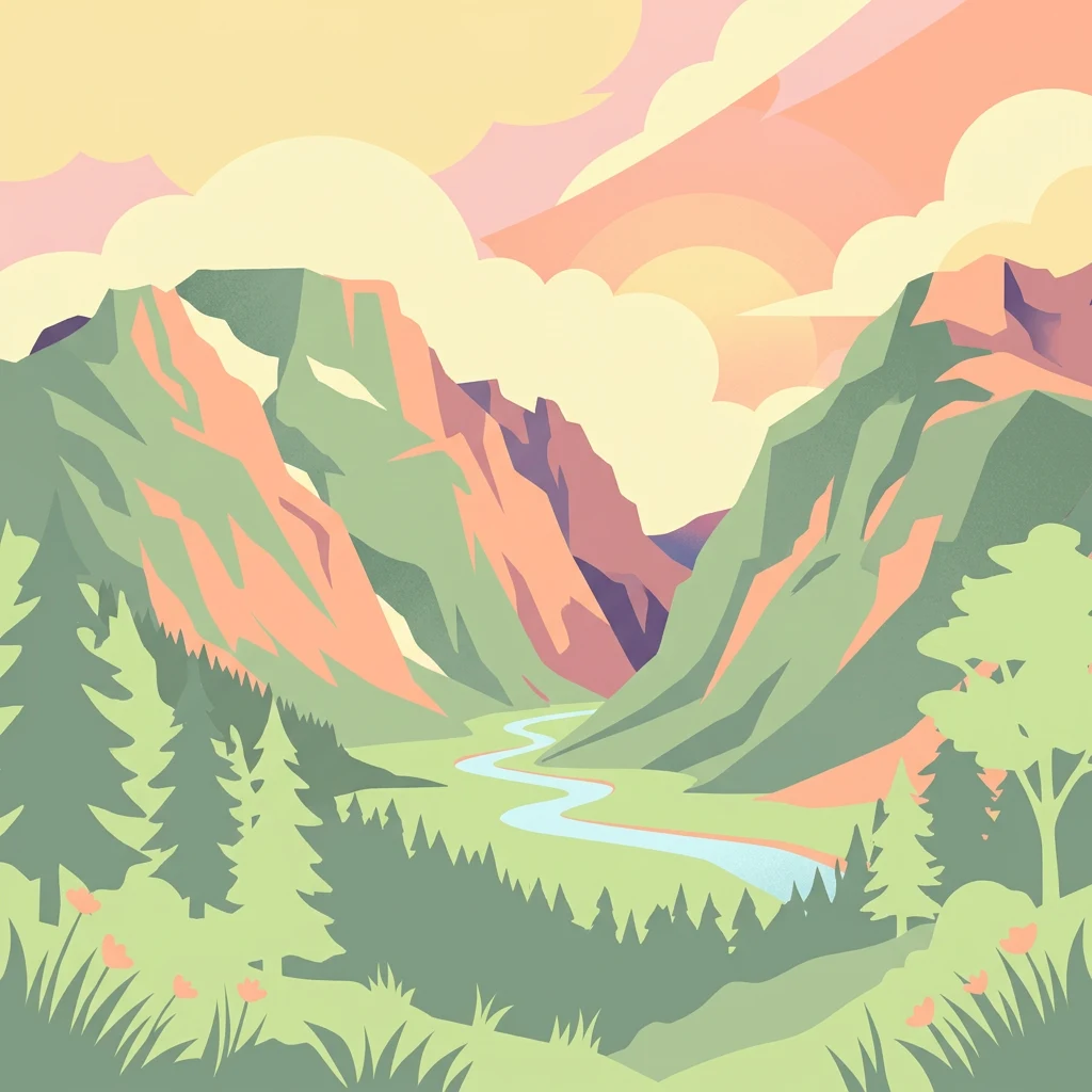 Ilustración de montañas verdes, río azul y pinos bajo un cielo colorido