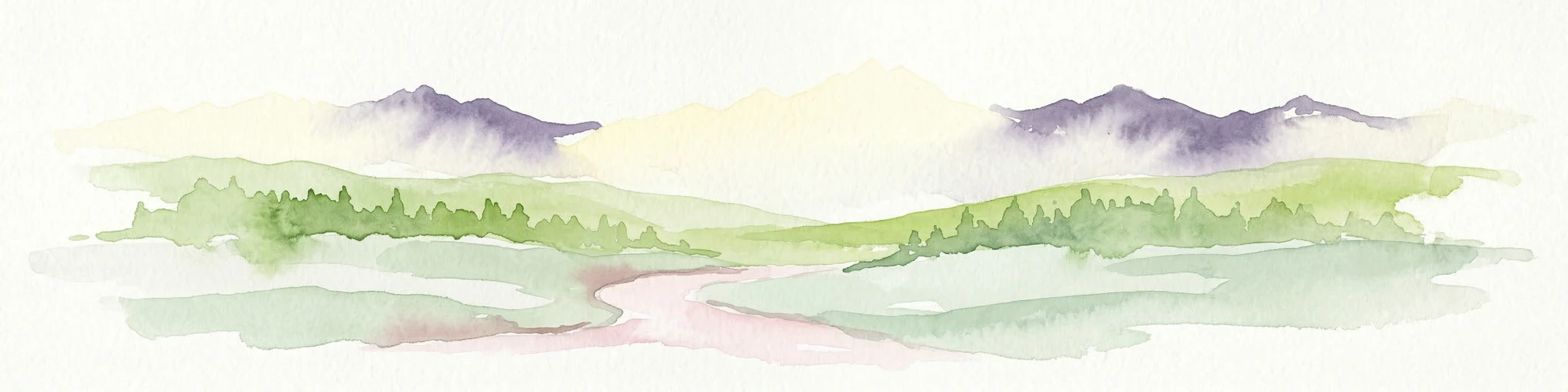 Pintura de acuarela que representa montañas, un río sinuoso y bosques verdes en un paisaje montañoso