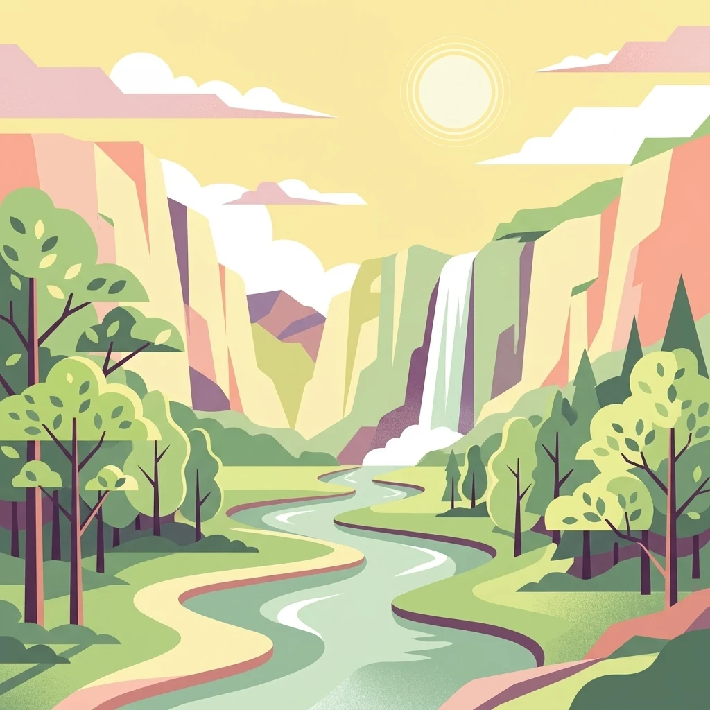 A flat vector-style illustration of a dramatic canyon scene, featuring tall cliffs, a central waterfall flowing into a river that winds through a forested valley under a soft sun.