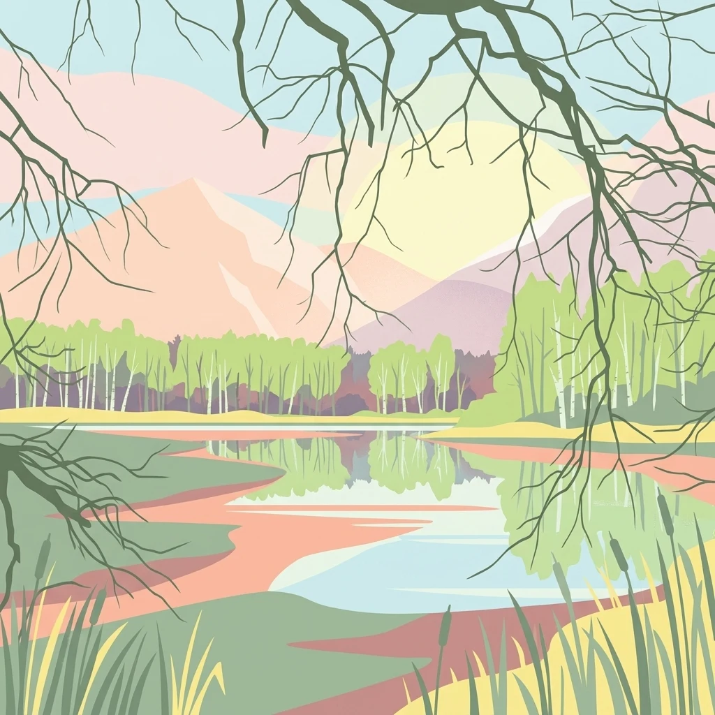 An illustration depicting a calm pond with reflective water, surrounded by light green birch trees and distant muted-colored mountains, framed by overhanging dark tree branches.