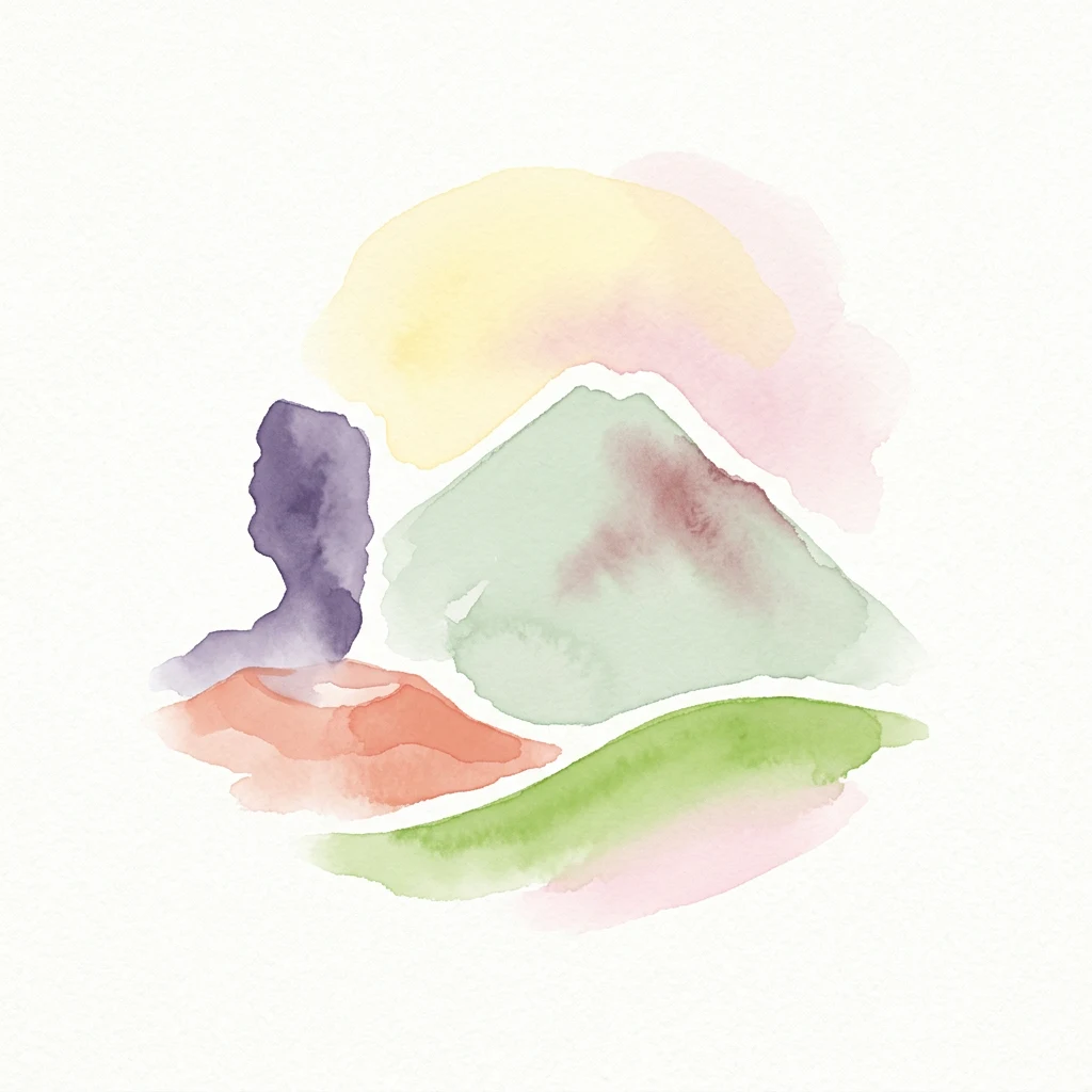 Watercolor illustration showing Mount Teide as a green mountain with a pinkish area, a purple rock formation, orange terrain, green hills, and a yellow-pink sky