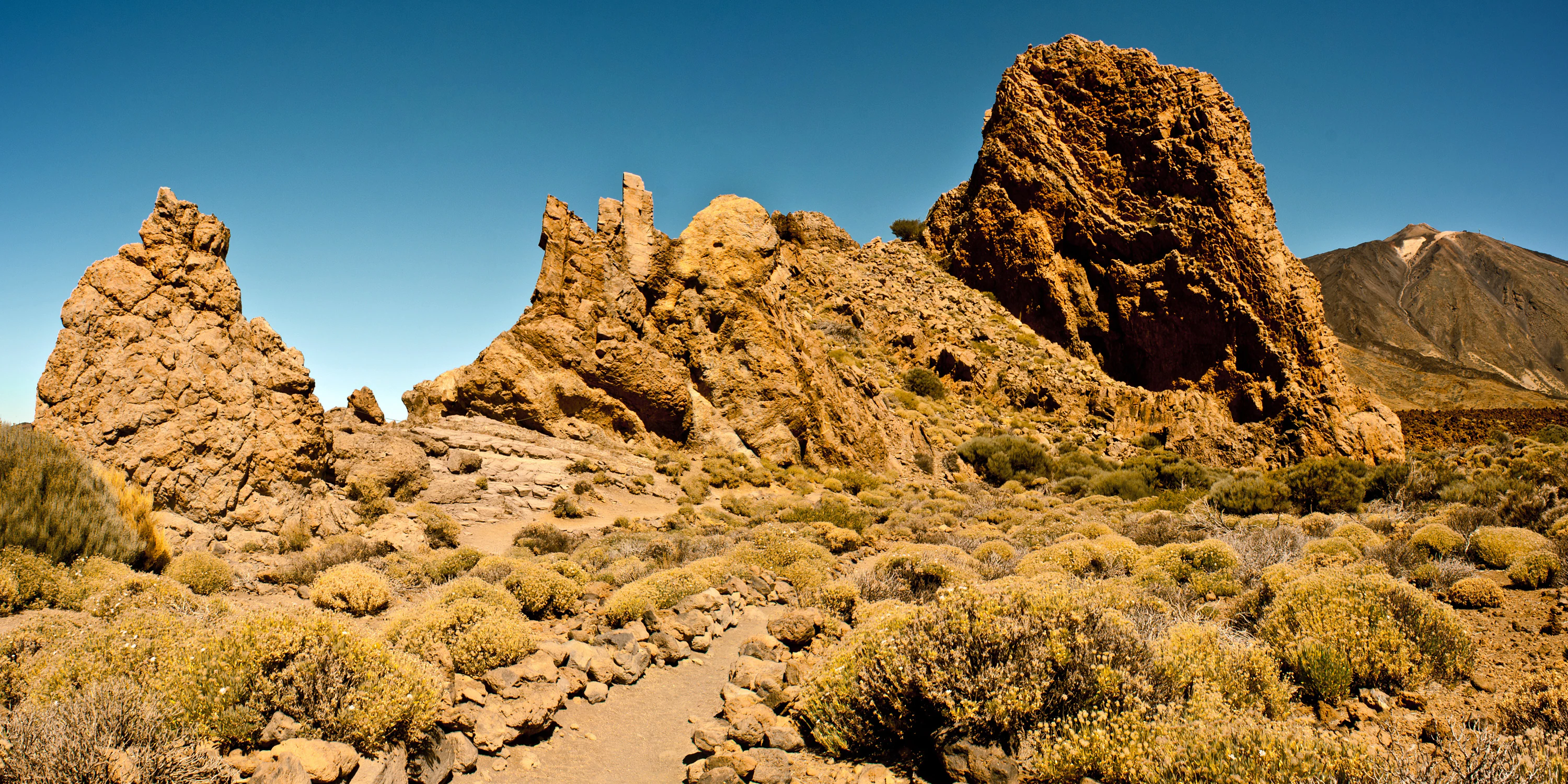 Rock formations with sparse vegetation under clear blue sky in Teide National Park