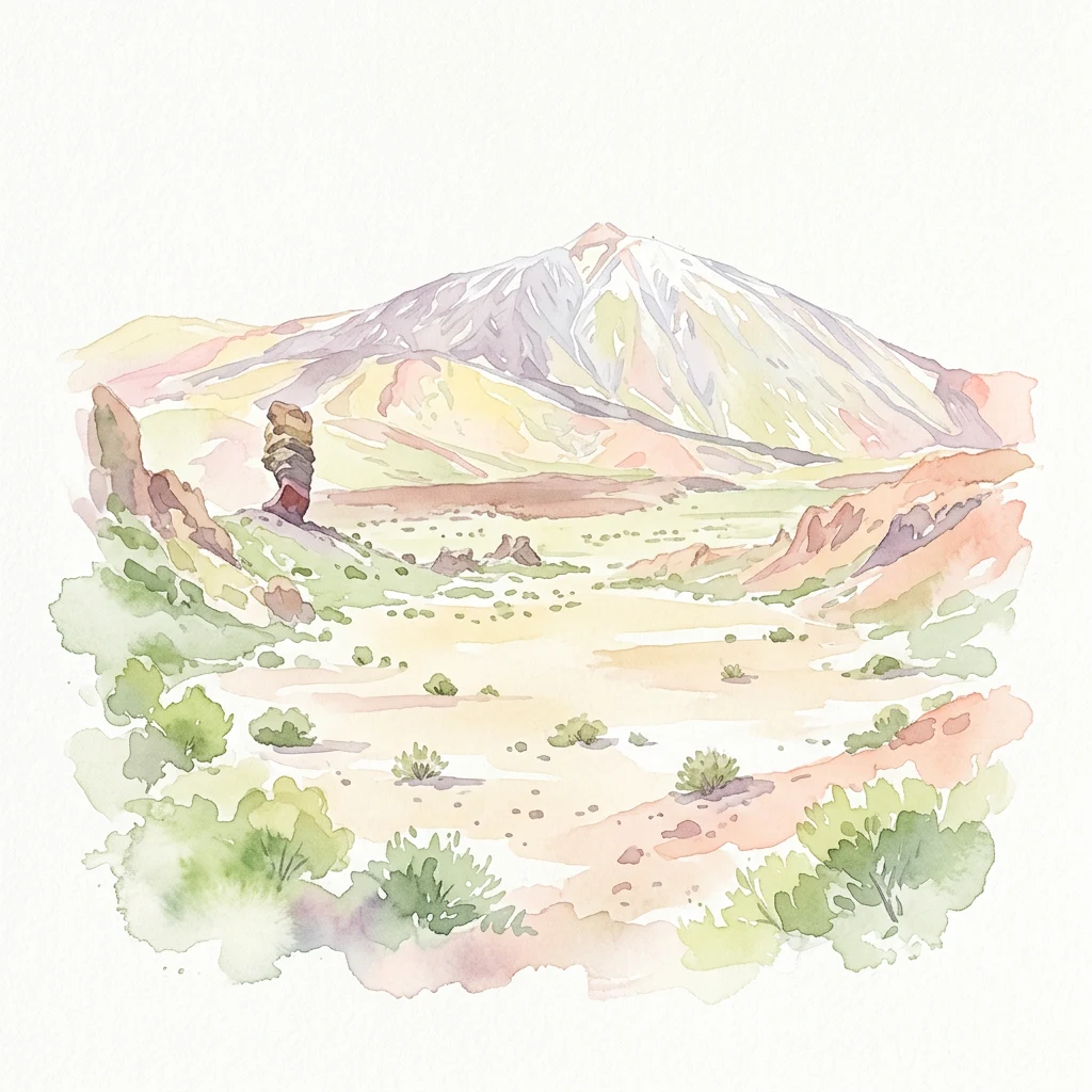 Ilustración en acuarela que muestra el Teide con terreno volcánico, vegetación escasa y un excursionista en un sendero