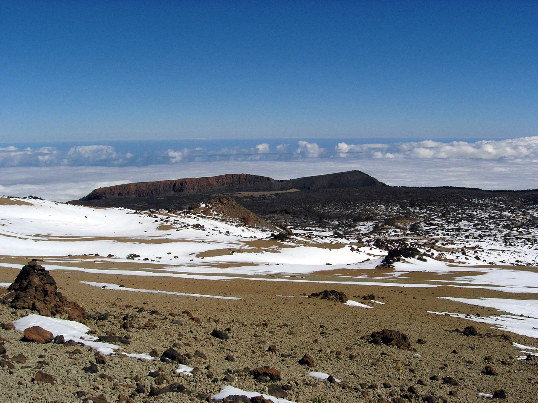 Desert-like volcanic terrain with scattered rocks, patches of snow, and distant mountains under a clear blue sky with scattered clouds.