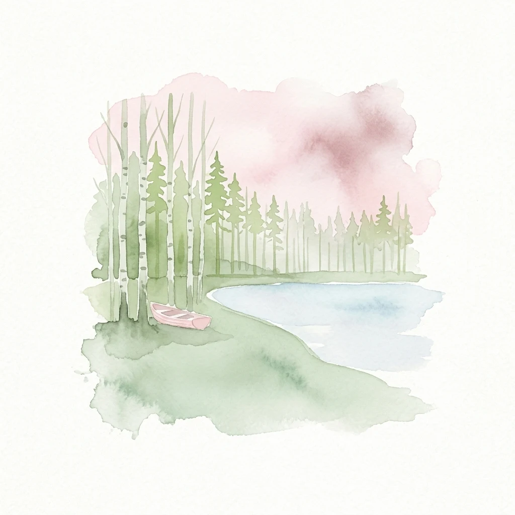 Watercolor painting showing a lake, birch trees, and a pink rowboat on a grassy shore