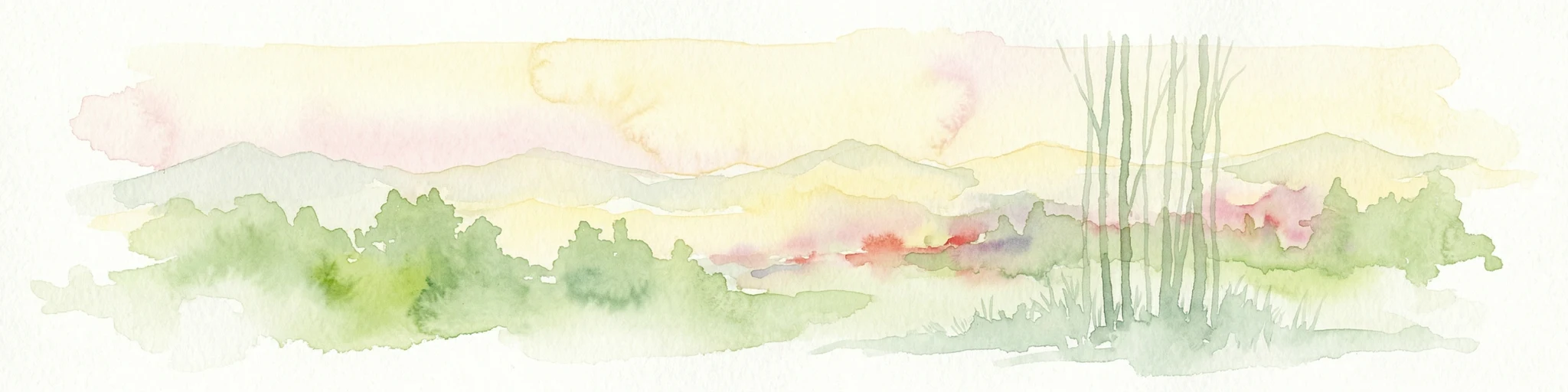 Paisaje de acuarela con colinas onduladas, árboles y cielo en tonos pastel