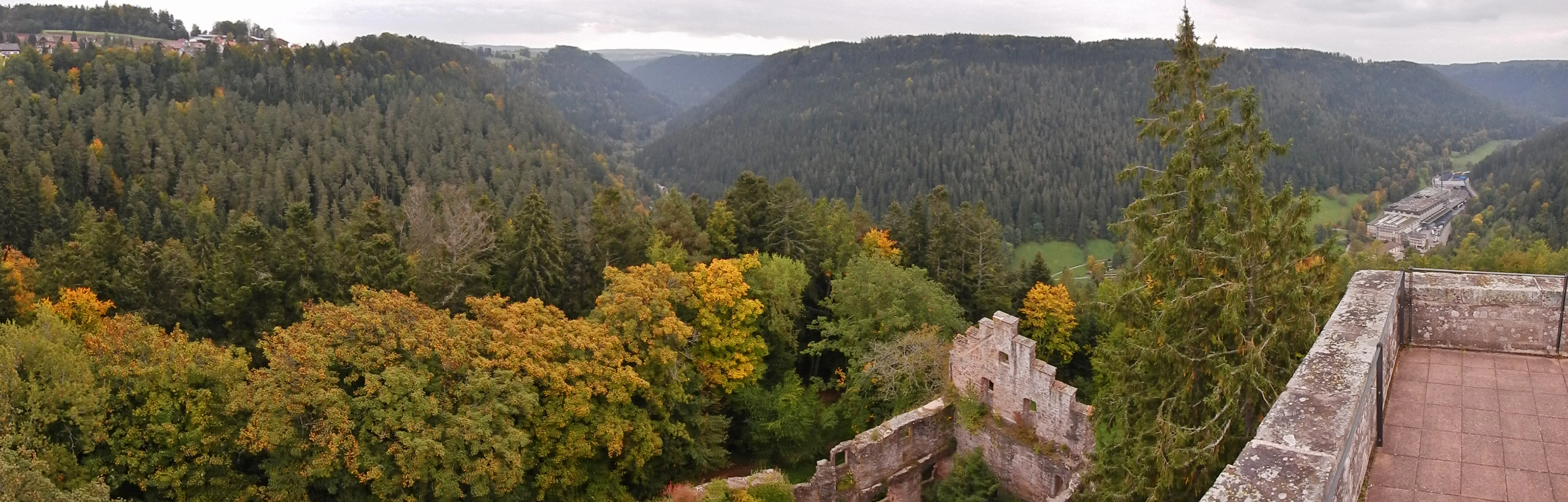 A wide panoramic view from a stone castle wall looking out over a forested river valley during autumn.