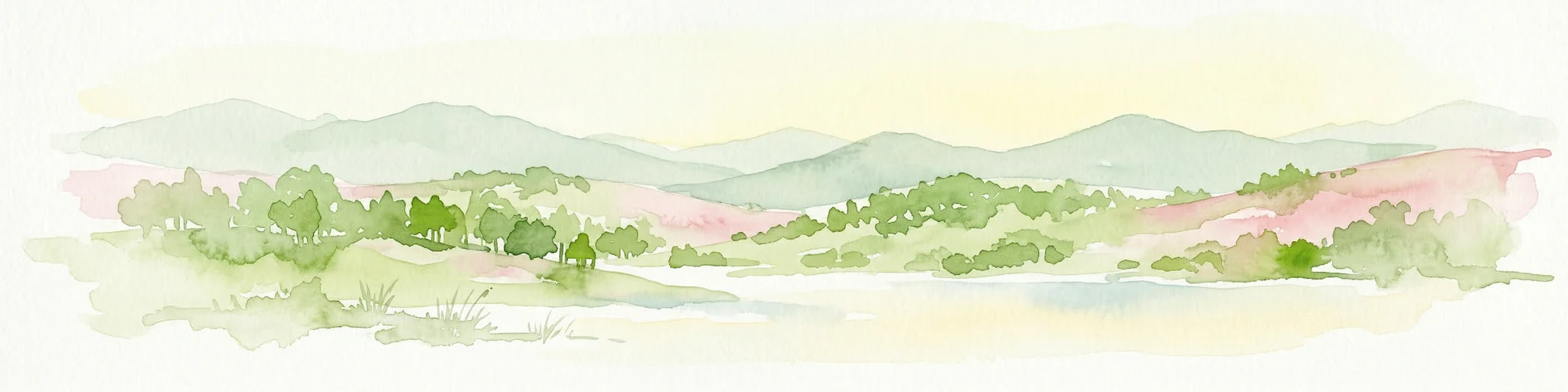 Ilustración en acuarela de colinas onduladas, árboles y una masa de agua