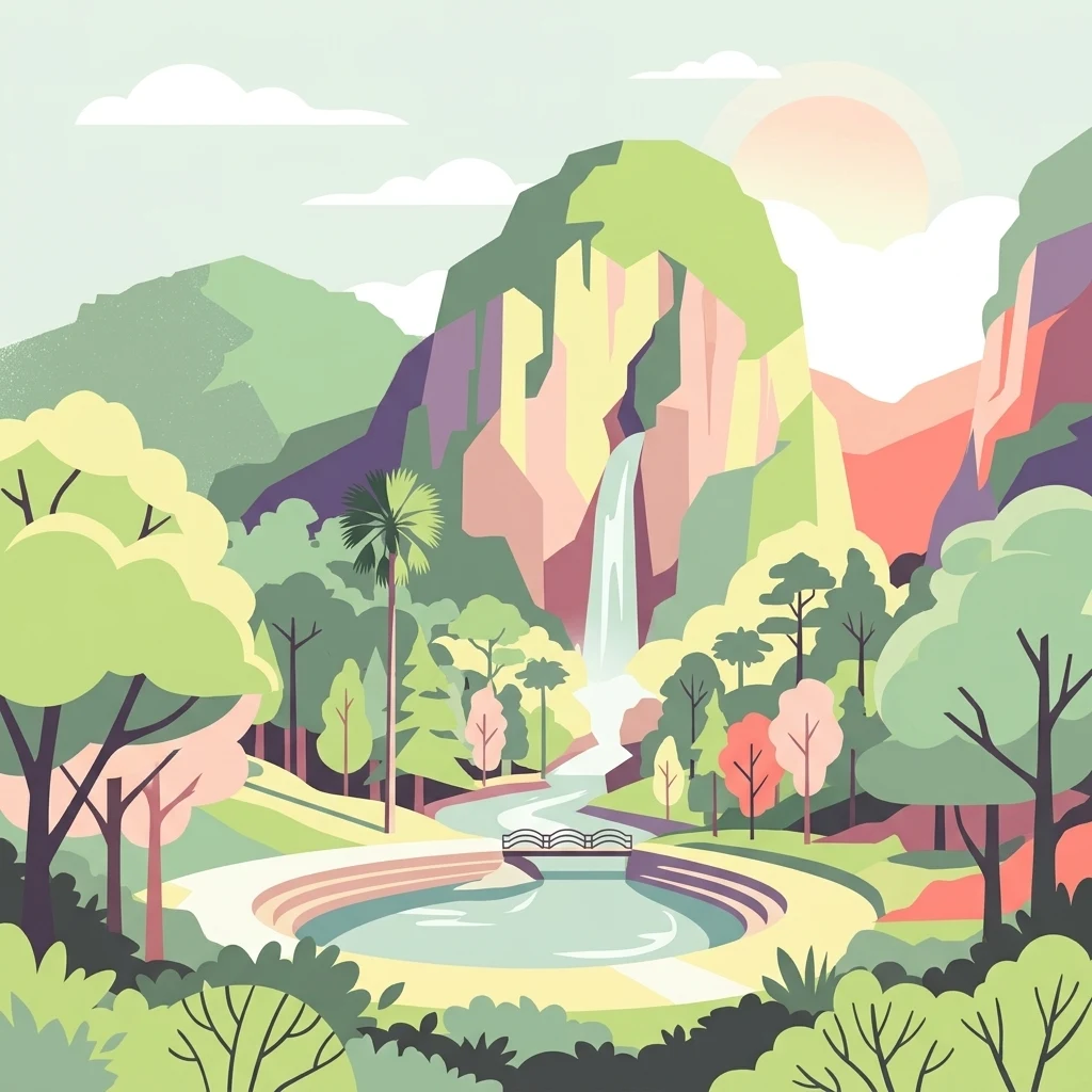 A stylized digital illustration of a multi-tiered landscape featuring a central waterfall falling into a circular pond, surrounded by lush green trees, mountains, and a small bridge.