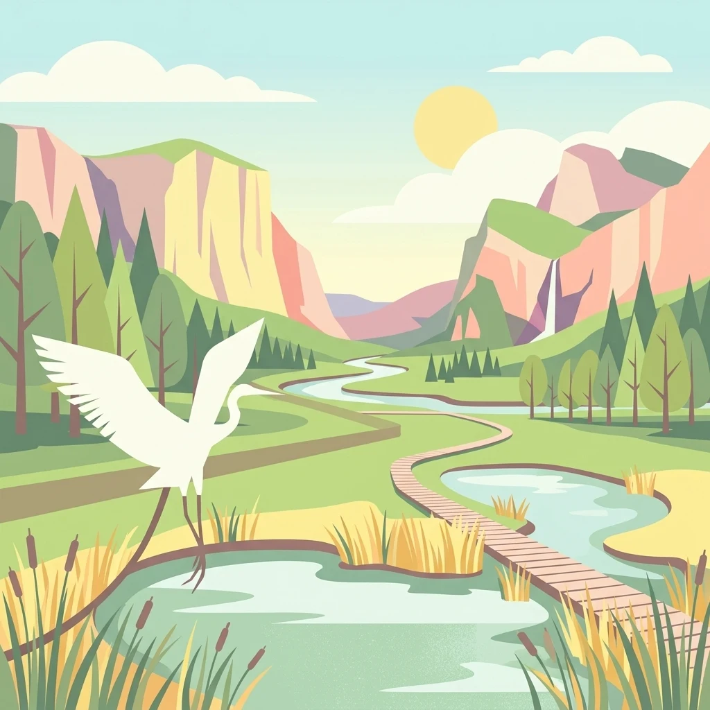 A flat vector-style illustration of a natural marshy landscape with a white heron in the foreground, a wooden boardwalk path, a meandering river, and mountains under a soft sun.