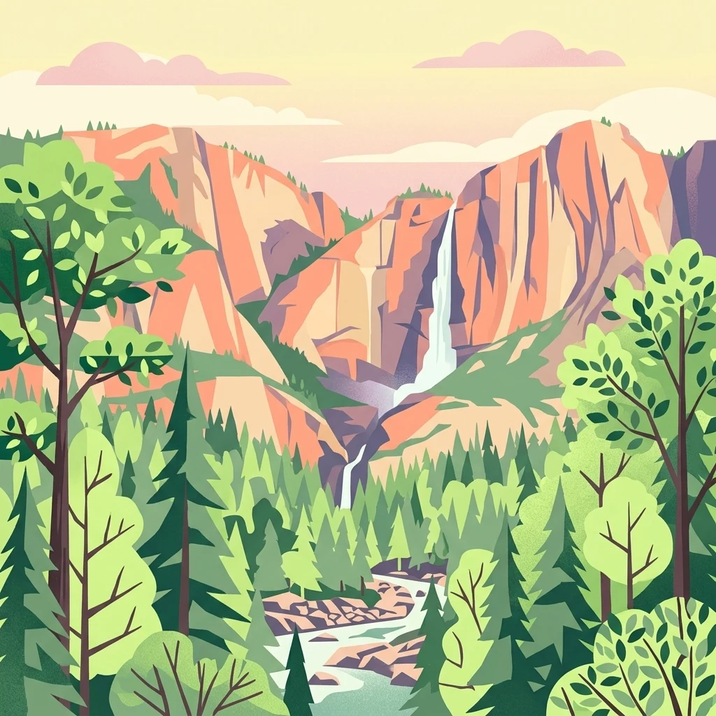 A stylized flat vector illustration of a valley with towering canyon walls, a waterfall descending into a river, and a dense foreground of deciduous and coniferous trees under a soft-colored sky.