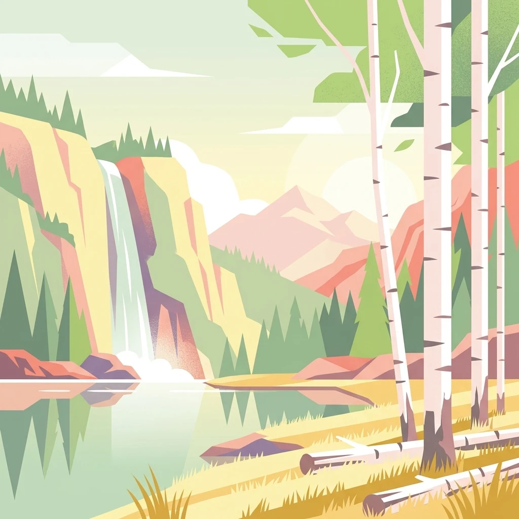 A flat vector-style illustration of a nature scene featuring a tall waterfall cascading down a cliff into a calm lake, surrounded by a coniferous forest, mountains in the distance, and birch trees in the foreground.