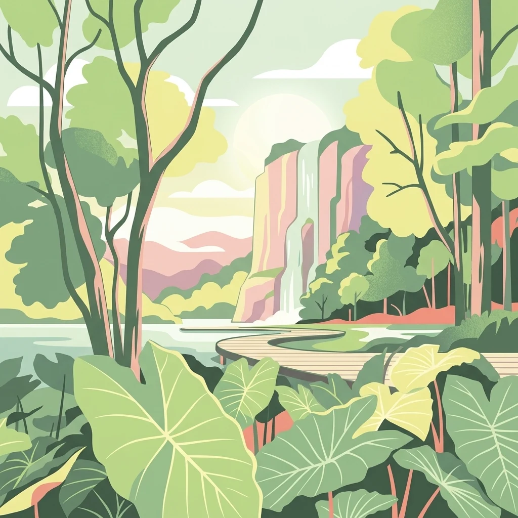 Ilustración estilizada de una zona boscosa con una cascada, hojas grandes y un sendero sinuoso