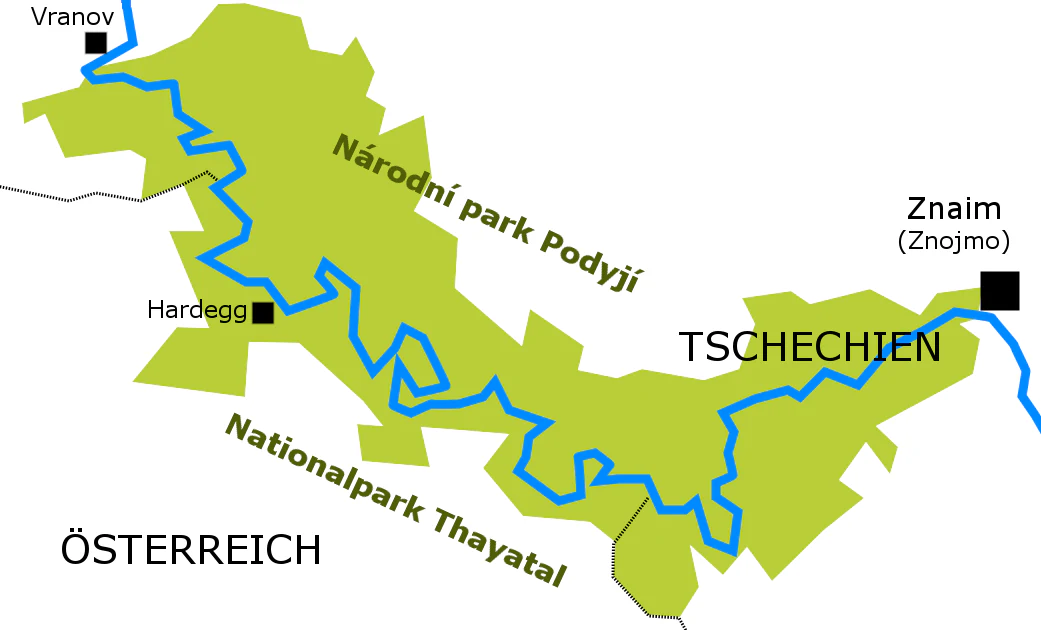 Green map showing Nationalpark Thayatal in Austria and Národní park Podyjí in Czech Republic with blue rivers, labeled towns Vranov, Hardegg, Znaim, and country labels ÖSTERREICH and TSCECHIEN