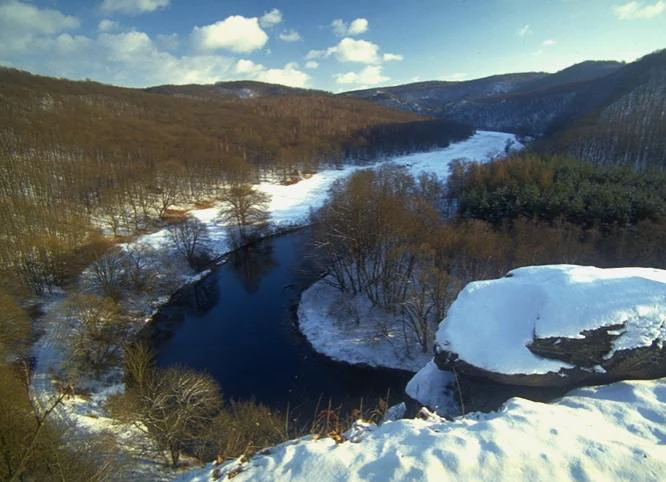 A river winding through a snowy valley with forested hillsides under a partly cloudy sky
