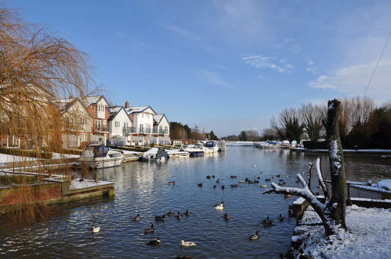 River with boats moored along a bank, snow-covered trees and houses in the background, ducks swimming in the water