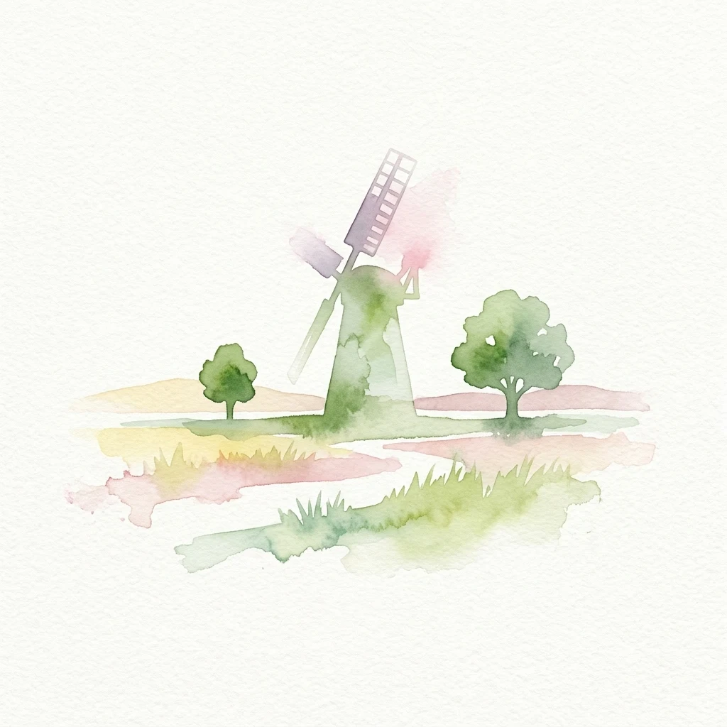 Watercolor illustration showing a windmill, two trees, and grassy fields with soft pastel colors