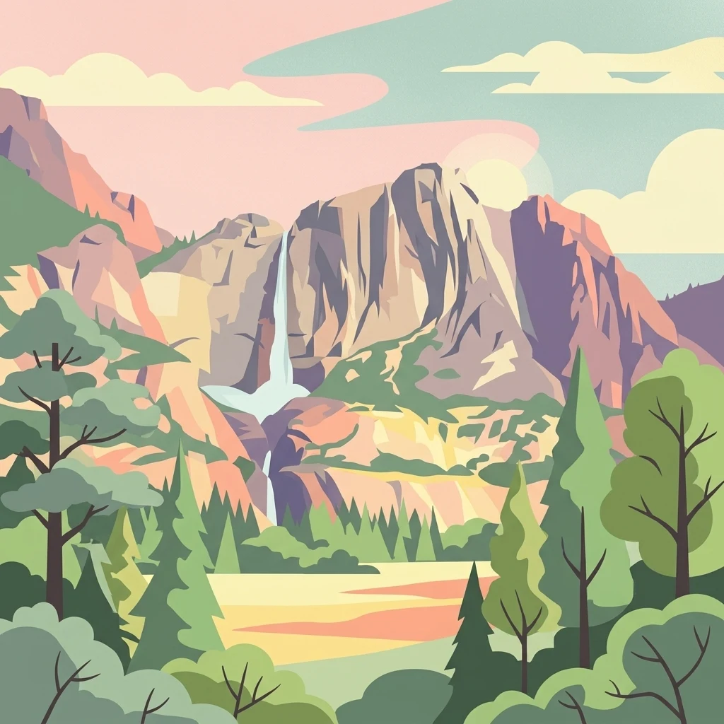 Illustration showing mountains, a waterfall, trees, and a lake under a partly cloudy sky.