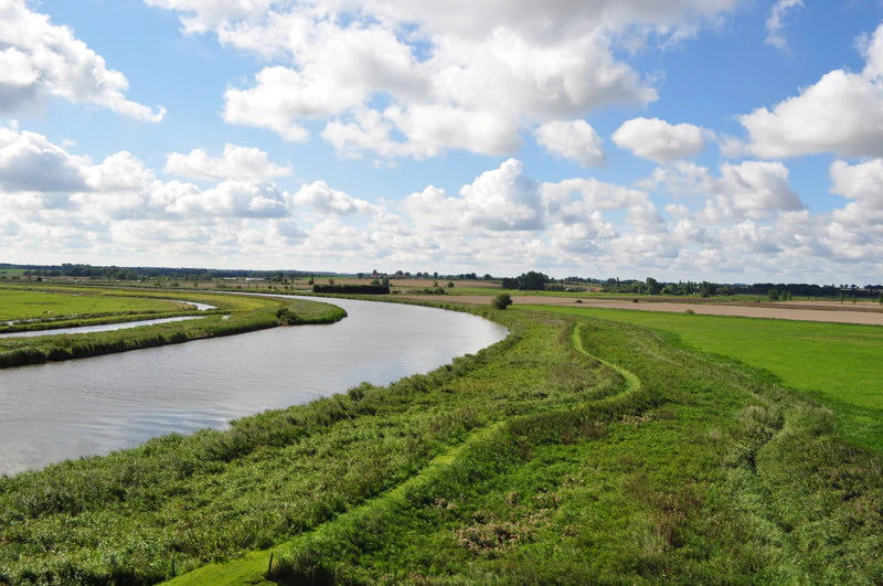 Wide river flowing through lush green fields with scattered clouds in the sky