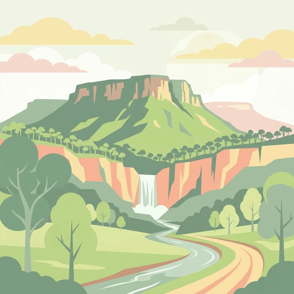 A flat-style graphic illustration showing a high rocky mesa in the distance, a waterfall flowing over a cliff face, a river winding through the foreground, and lush trees, all rendered in a soft, muted pastel color palette.