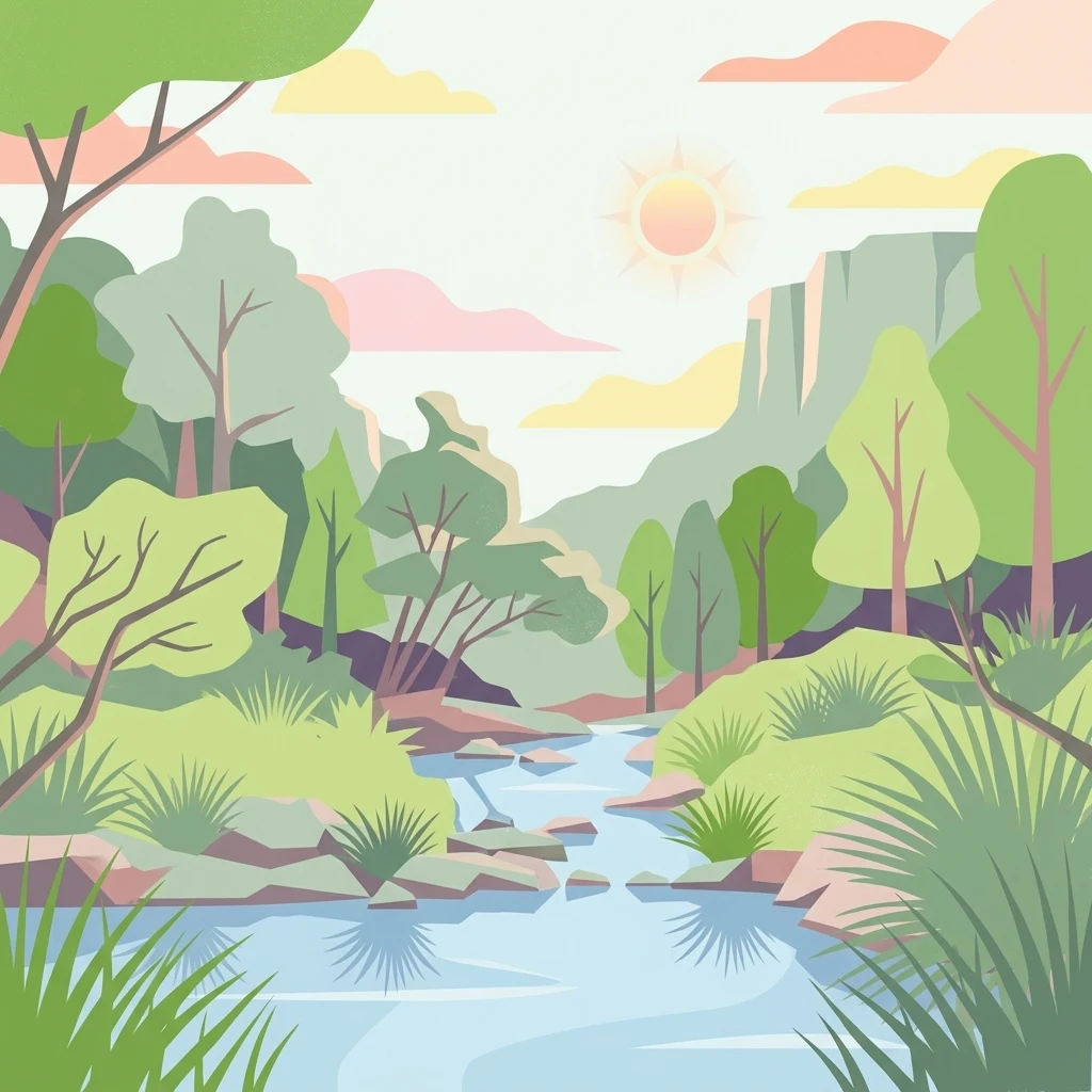 A flat-style digital illustration showing a winding river flowing through a forested valley with rocky cliffs in the distance under a bright sun.