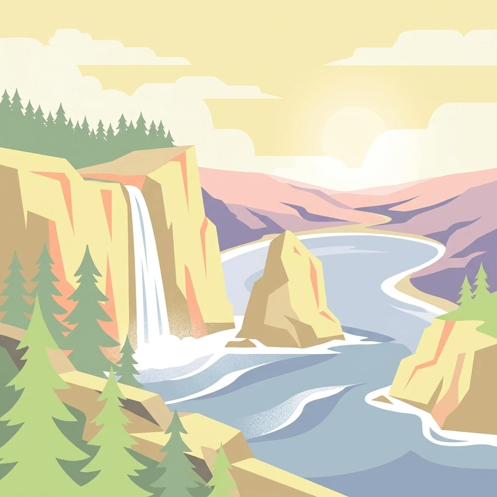 A stylized vector illustration of a waterfall cascading off a cliff into a body of water next to a rocky outcrop, framed by evergreen trees under a soft, light-colored sky.