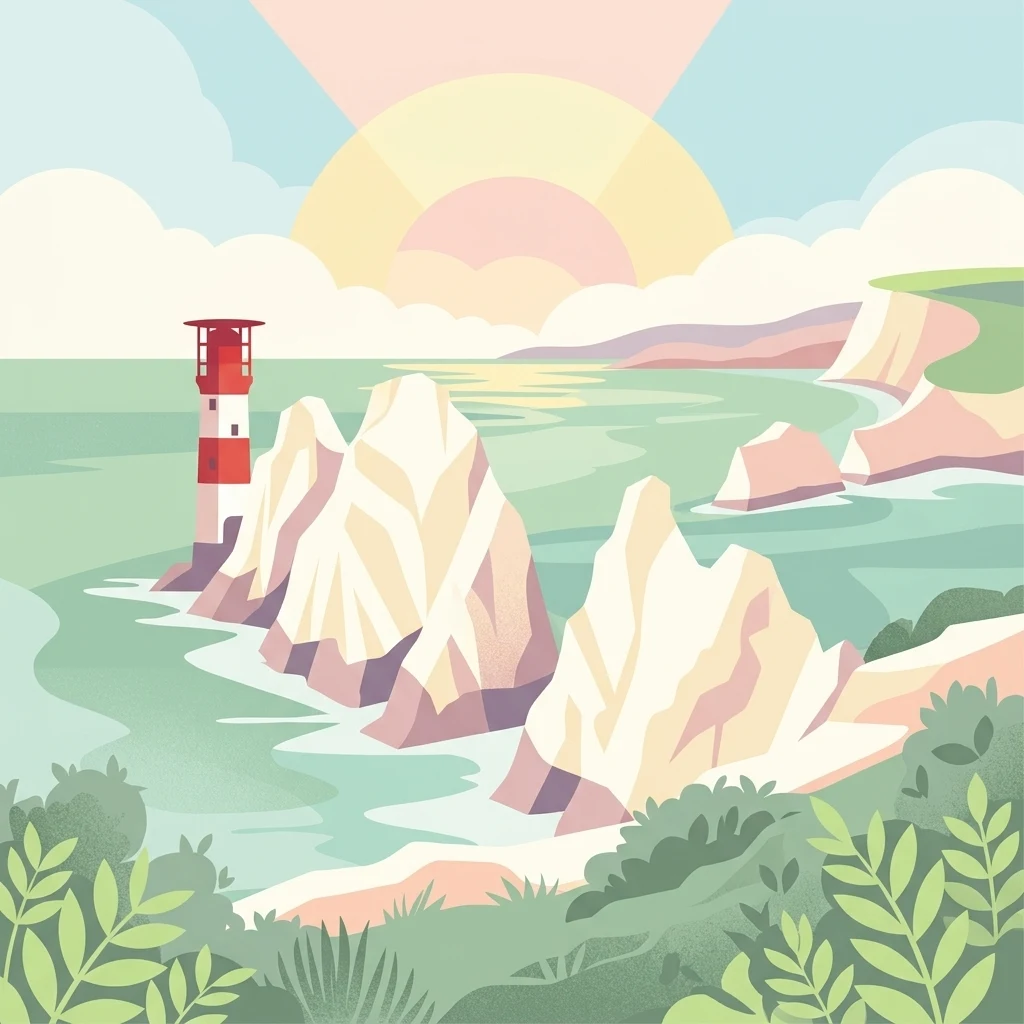 A flat, vector-style illustration showing the Needles chalk stacks and a red and white striped lighthouse jutting out into the sea, with green coastal cliffs in the foreground and a setting sun in the background.