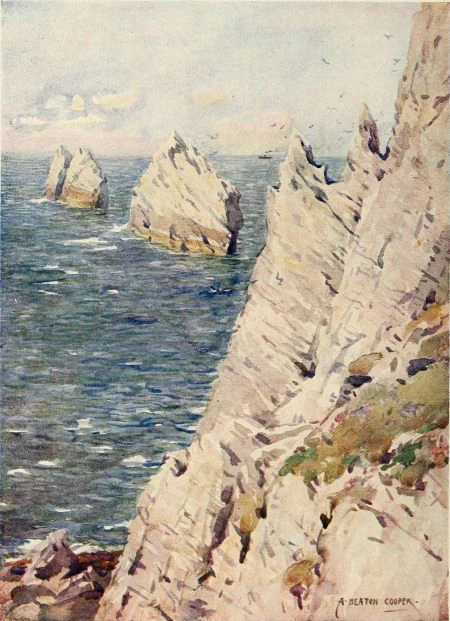 A historical watercolor painting showing the jagged white chalk sea stacks known as The Needles rising from the blue ocean.
