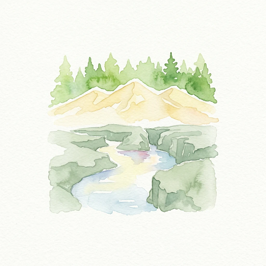 Watercolor illustration showing mountains, a river, and forest