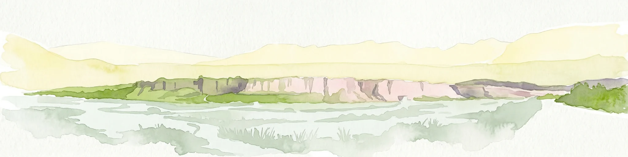 Pintura de acuarela que representa un paisaje con acantilados, una masa de agua y colinas distantes bajo un cielo claro