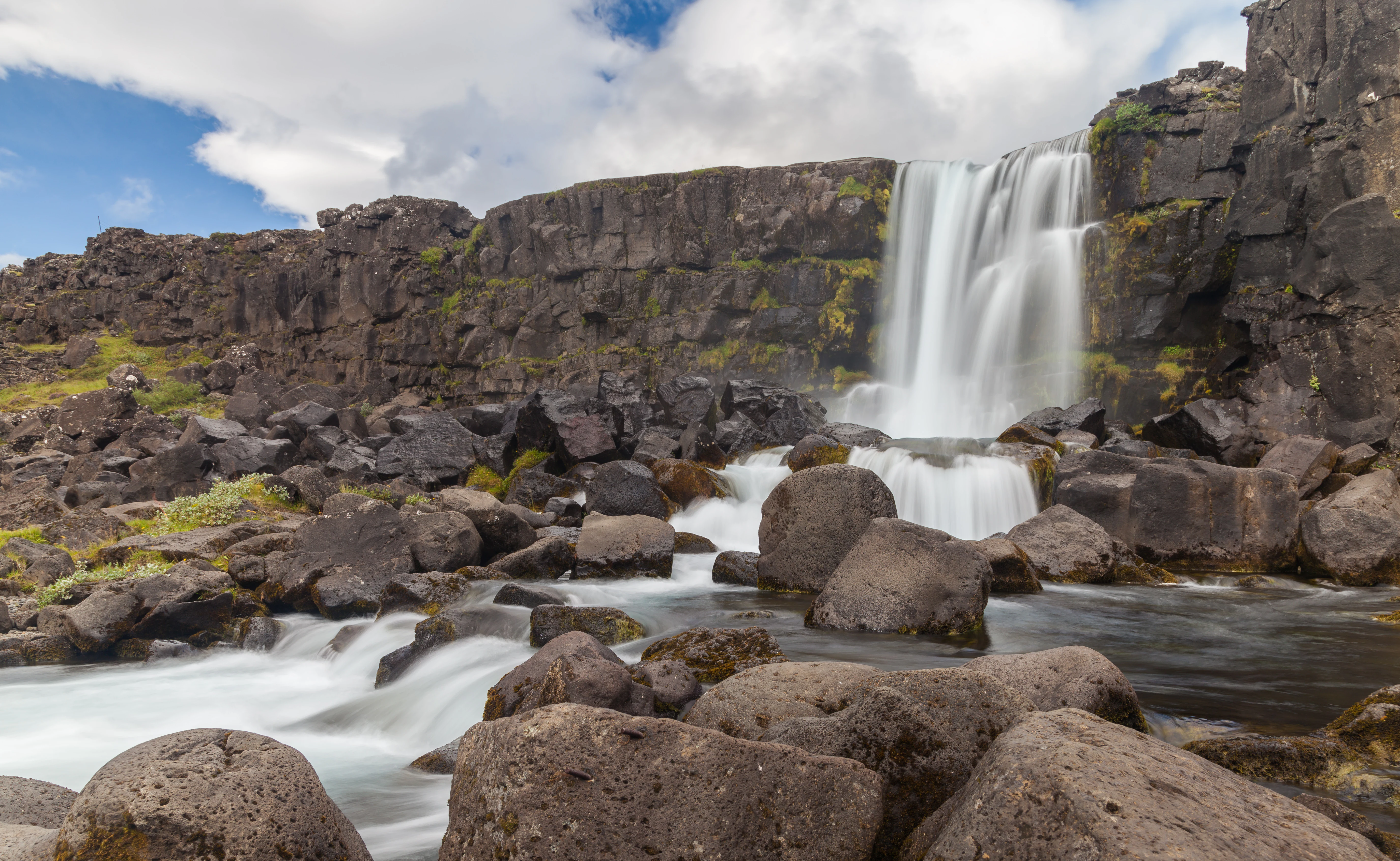 A tall waterfall cascading over dark rocky cliffs with flowing water, surrounded by large boulders and green moss under a partly cloudy sky
