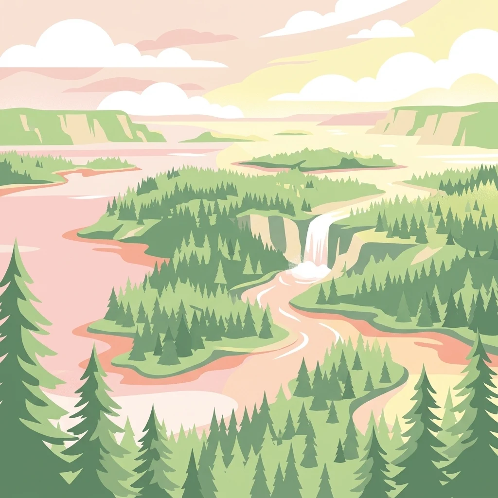 Illustrated landscape featuring a river flowing through islands with dense forests and a waterfall