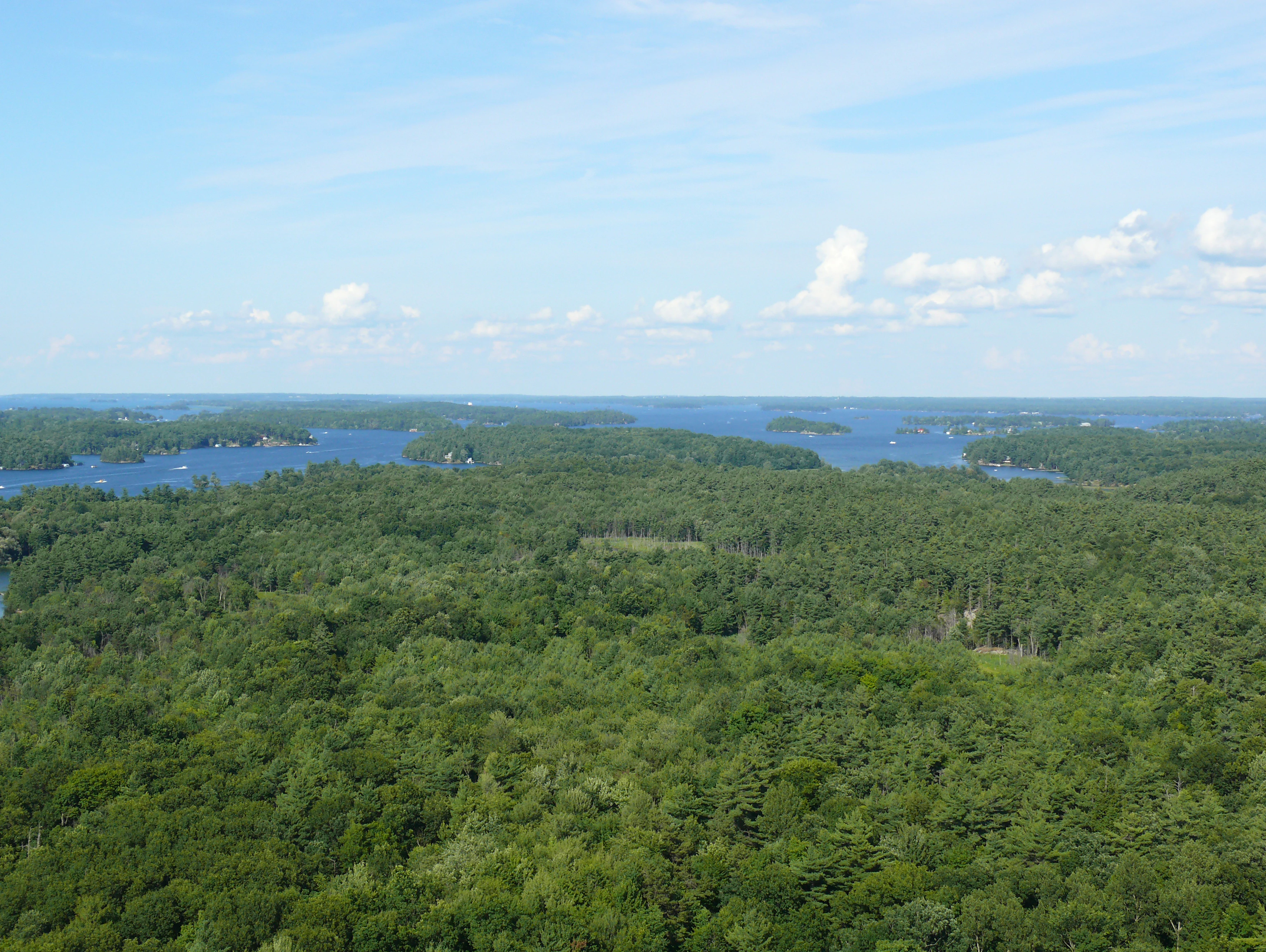 Vista aérea de un denso bosque verde con el río San Lorenzo e islas distantes bajo un cielo parcialmente nublado