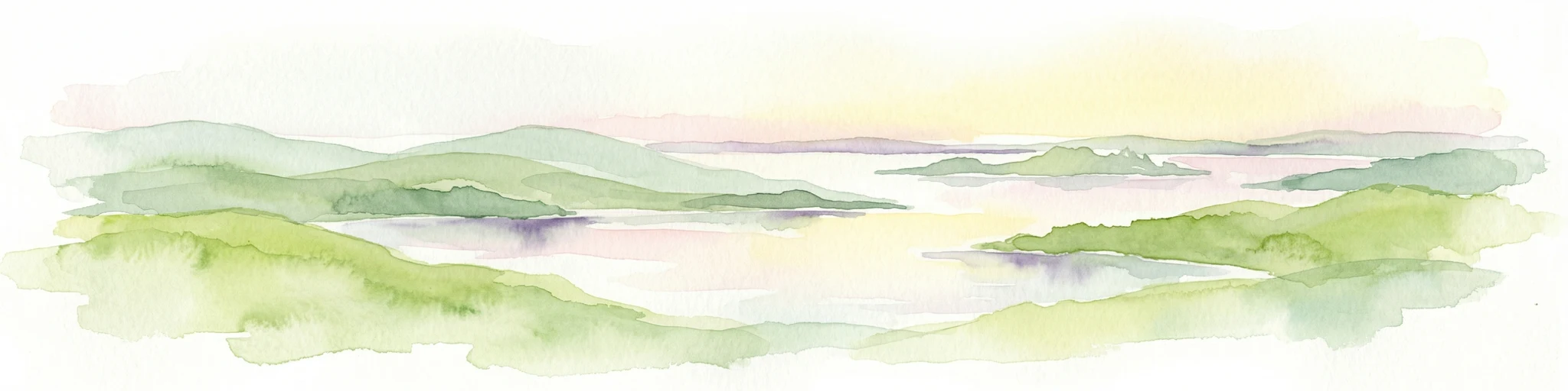 Pintura de acuarela de colinas verdes, islas y una masa de agua bajo un cielo amarillo pálido