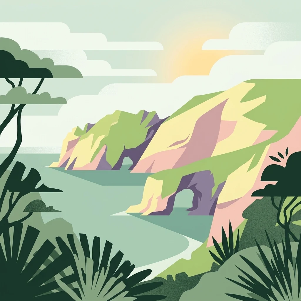 A graphic illustration of a coastal scene with rocky cliffs containing sea arches, surrounded by lush vegetation and soft sunrise lighting.