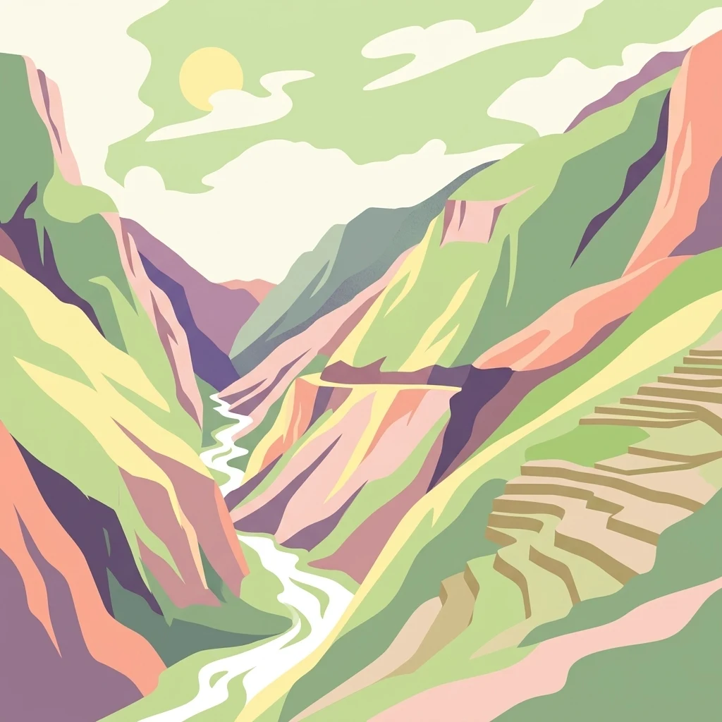 A graphic illustration of a deep, winding river gorge flanked by steep mountains, with terraced fields visible on the right slope and a stylized sun in the sky.