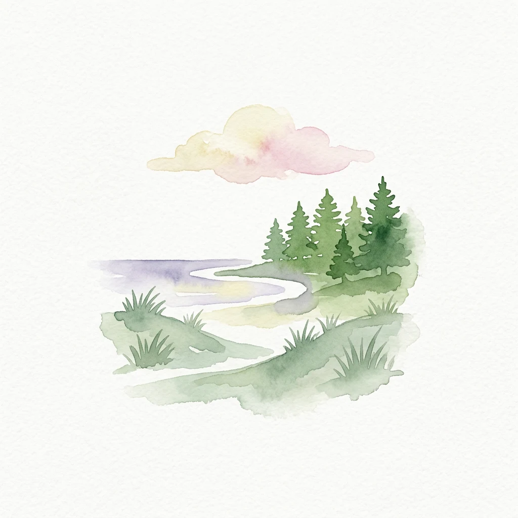 Watercolor illustration showing a winding river through grassy terrain with pine trees and a cloud