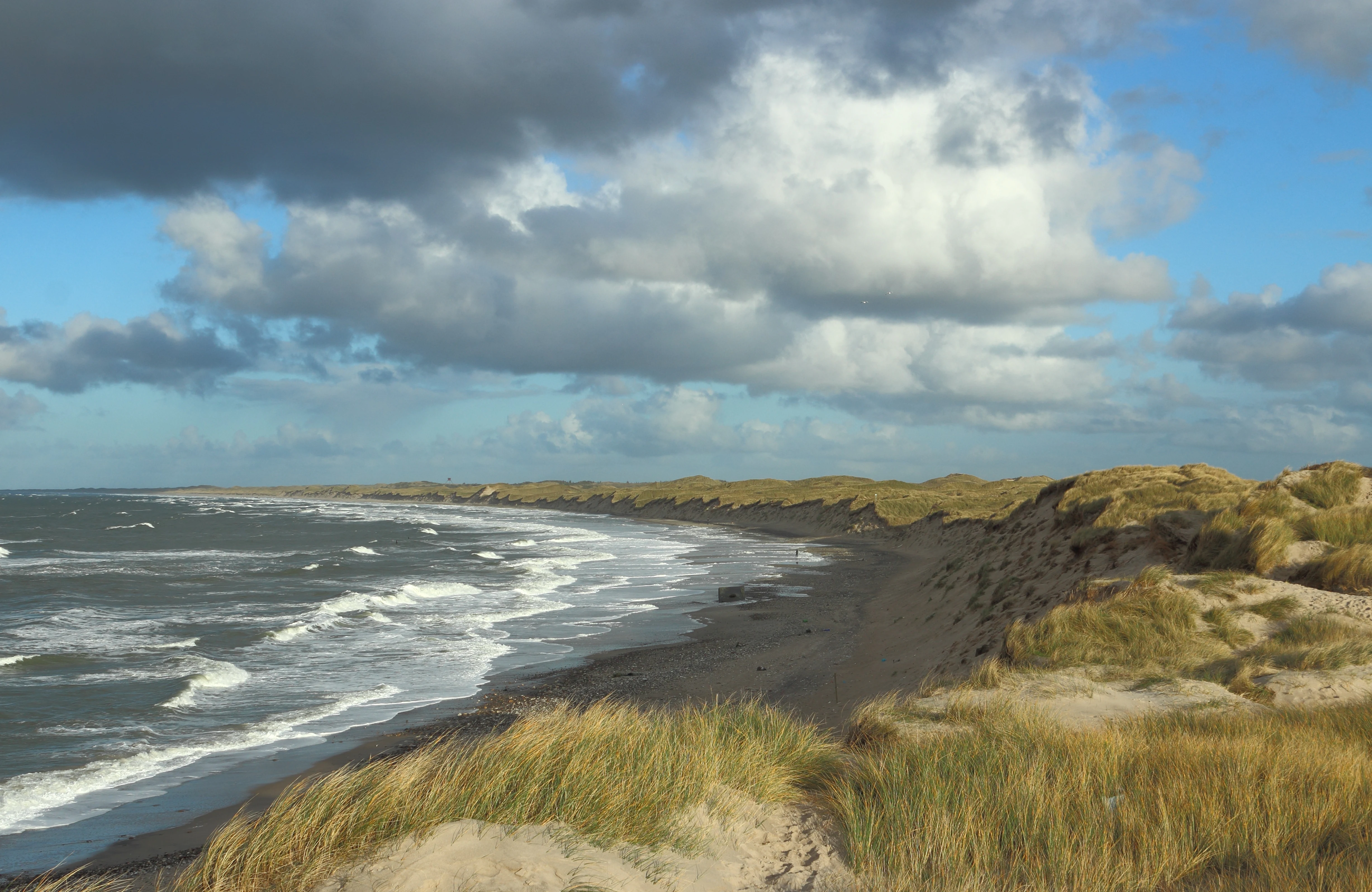 Coastal landscape featuring sandy dunes, grassy vegetation, and ocean waves under a partly cloudy sky