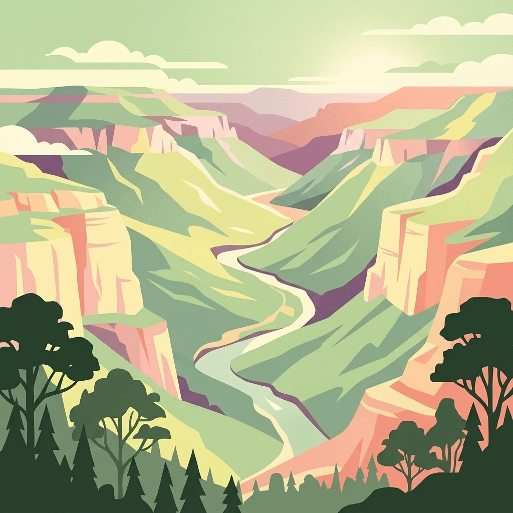 A stylized digital illustration of a winding river flowing through a canyon with high cliffs and forested edges.