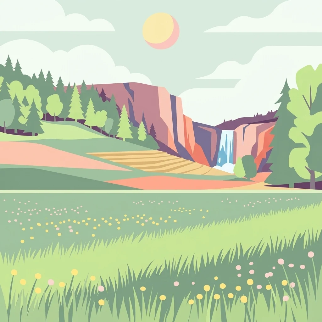 A flat-style digital illustration of a valley landscape showing a grassy foreground with small flowers, a middle ground with trees and terraced fields, and a background with steep cliffs, a waterfall, and a pale sun in the sky.