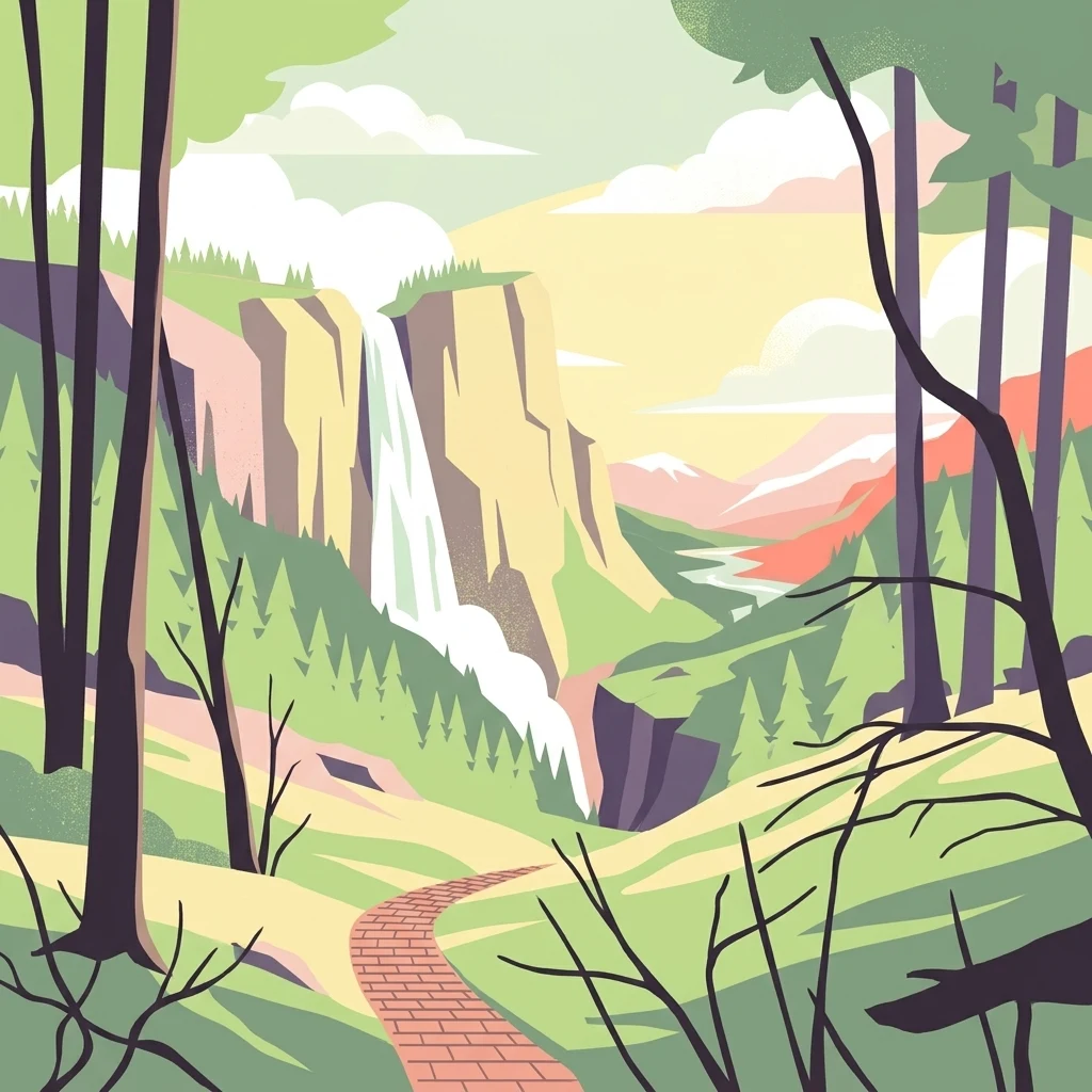 An illustration of a natural valley featuring a tall waterfall dropping off a cliff, surrounded by a forest and a paved brick walking path in the foreground.