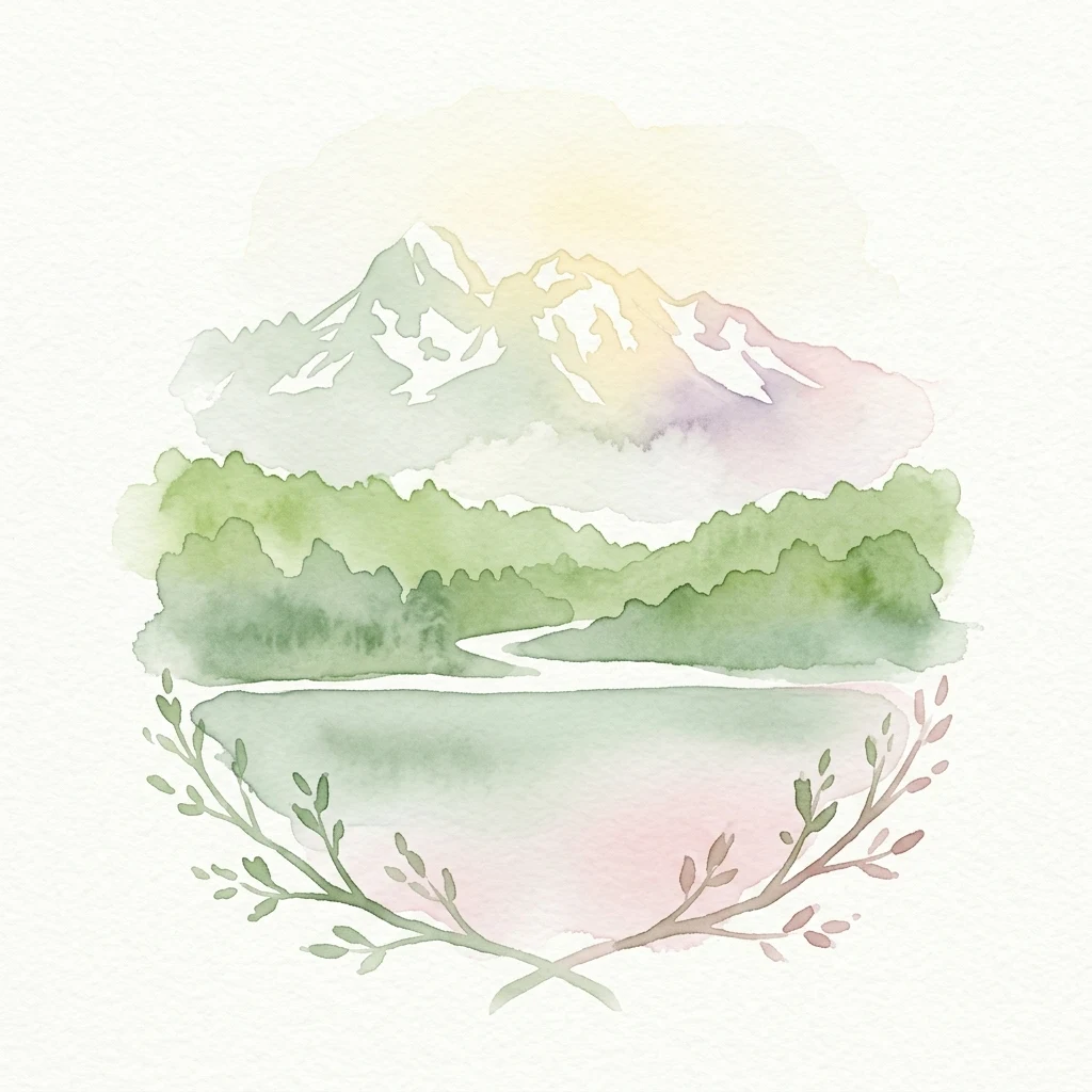 Watercolor illustration of mountains with snow caps, green forest, and a body of water with a decorative branch border