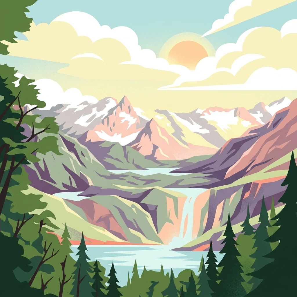 Ilustración estilizada de montañas, una cascada, un lago y zonas boscosas con el sol poniéndose en el cielo