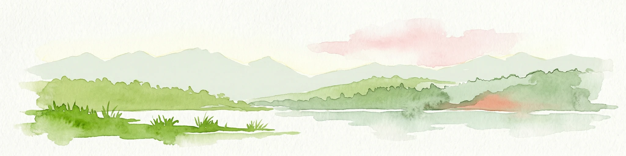Ilustración de acuarela de un lago con montañas y vegetación bajo un cielo teñido de rosa