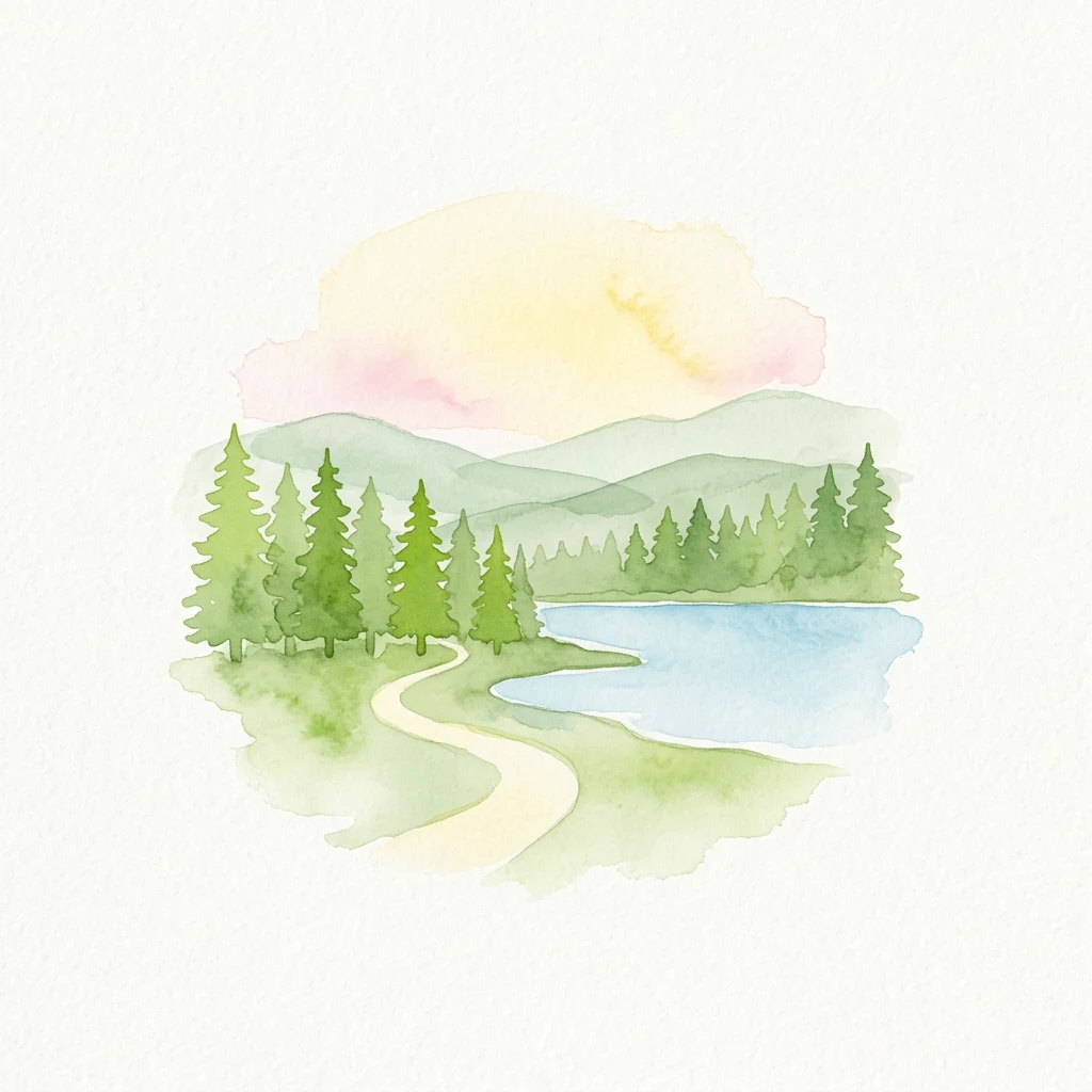 Watercolor illustration of a lake surrounded by pine trees with a winding path and hills in the background