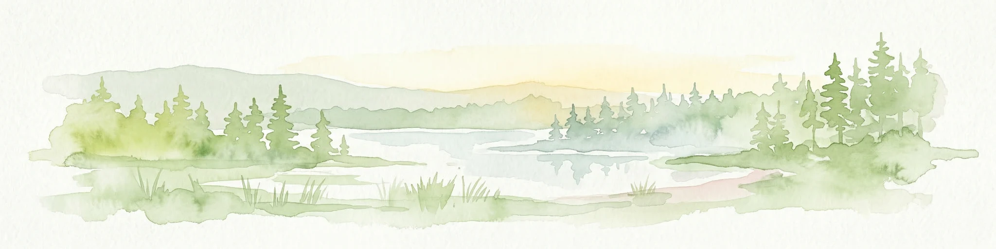 Pintura al agua de un lago rodeado de bosques con montañas al fondo y un cielo al atardecer