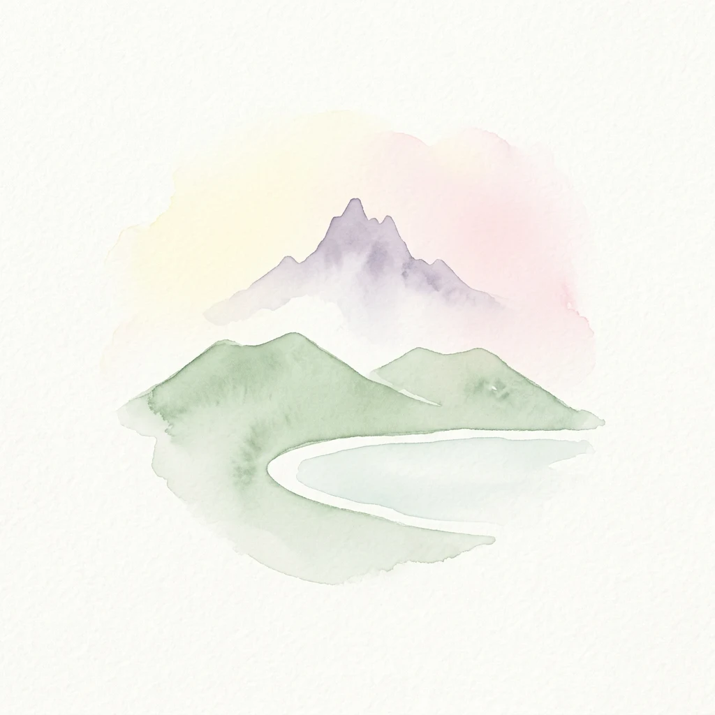 Watercolor illustration of green hills, a winding river, and a mountain range under a pink and yellow sky